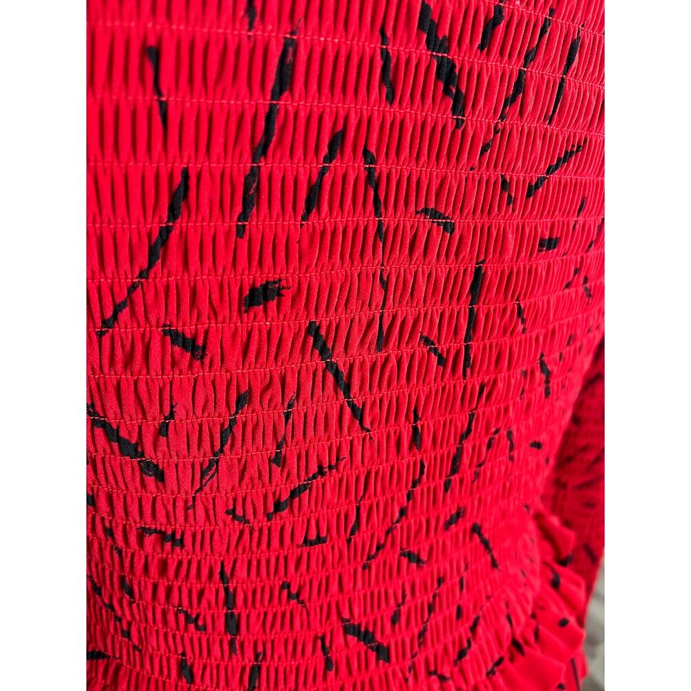 Liz Claiborne dress smocked bodice red black long sleeve pockets - Picture 7 of 12